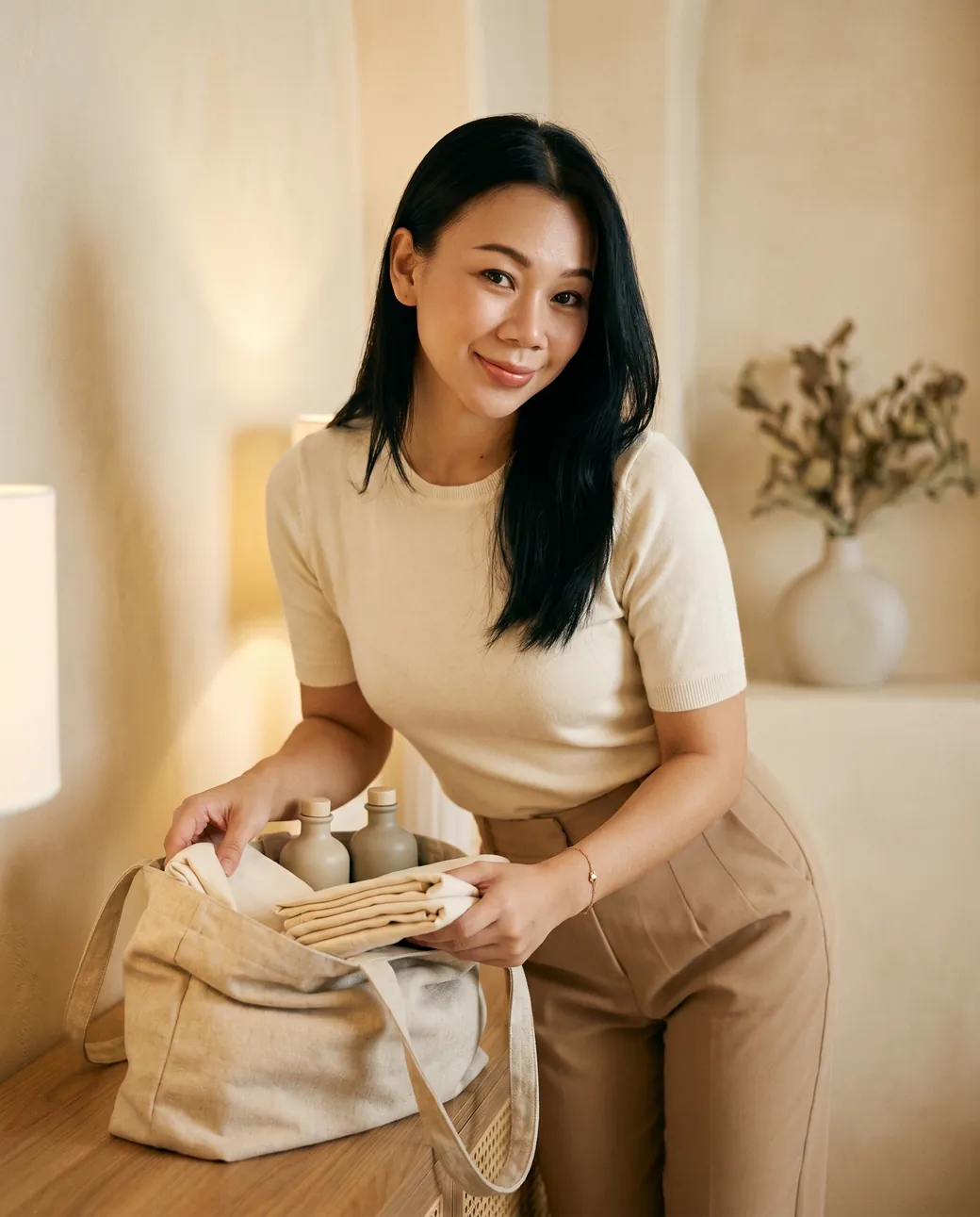 A therapist packing ceramic oil bottles and folded linen before a visit