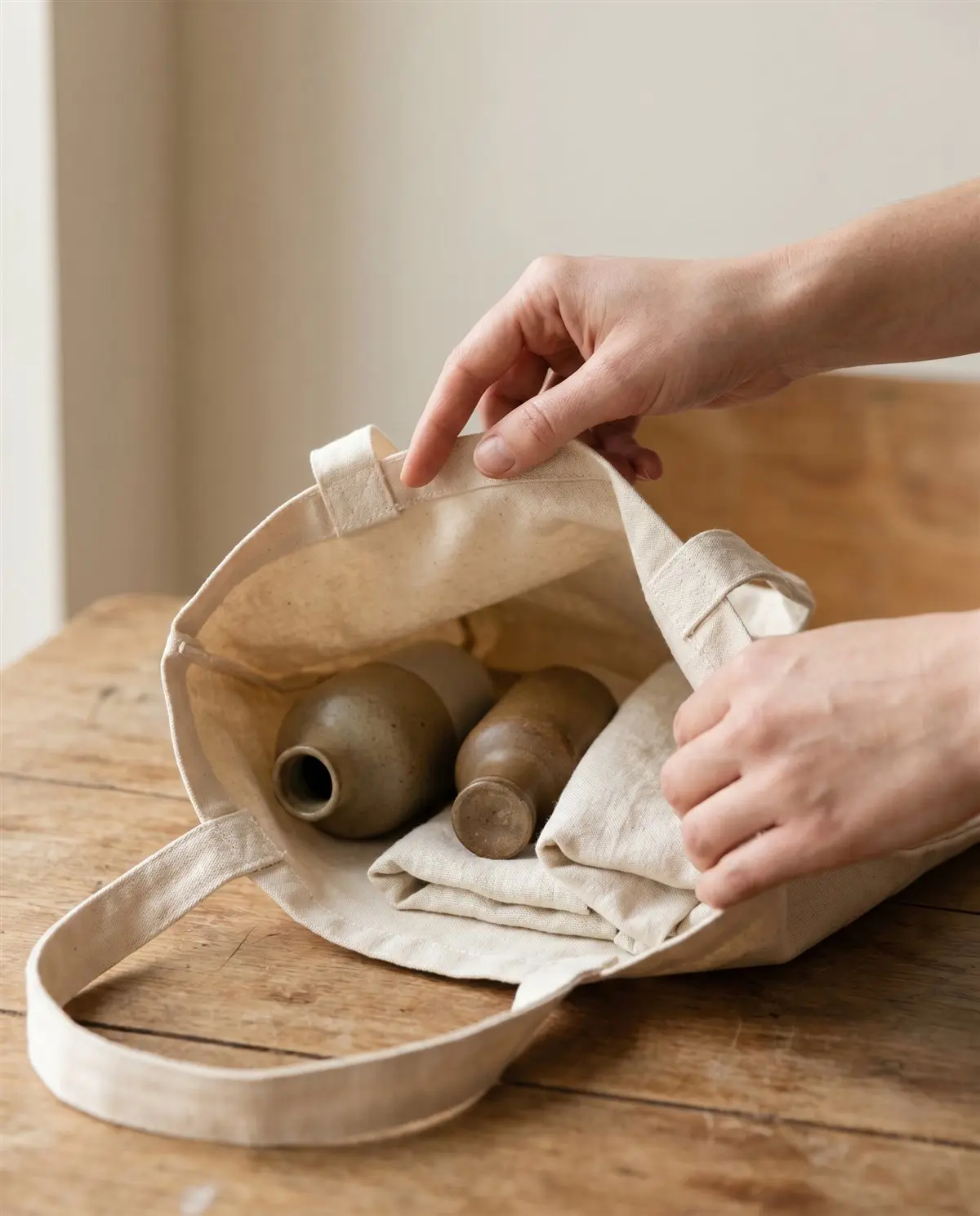 A therapist packing ceramic oil bottles and folded linen before a visit
